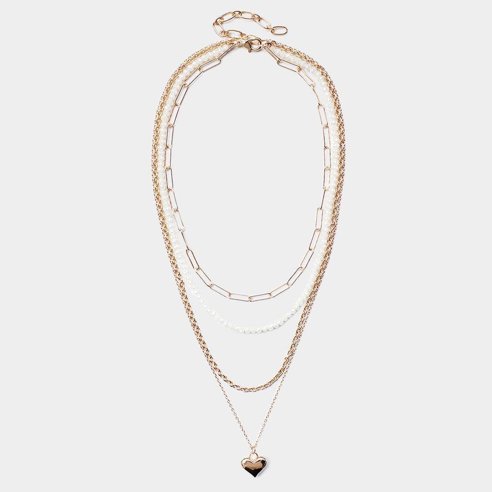 White Metal Heart Pendant Multi Layered Necklace - Jewelry Store by Erik Rayo