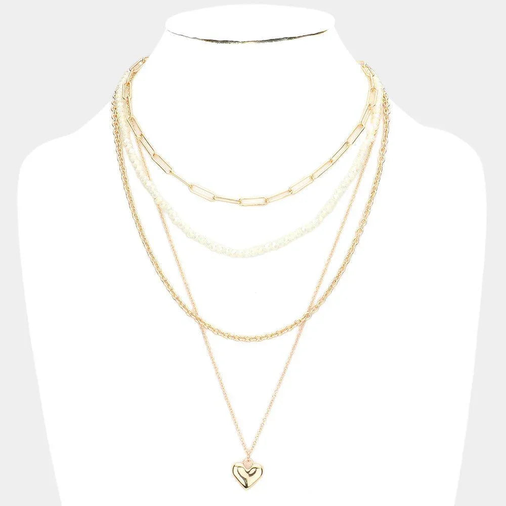 White Metal Heart Pendant Multi Layered Necklace - Jewelry Store by Erik Rayo