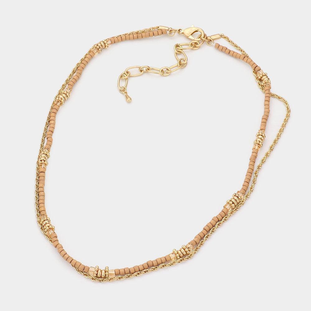 Metal Chain Wood Beaded Double Layered Necklace - Jewelry Store by Erik Rayo