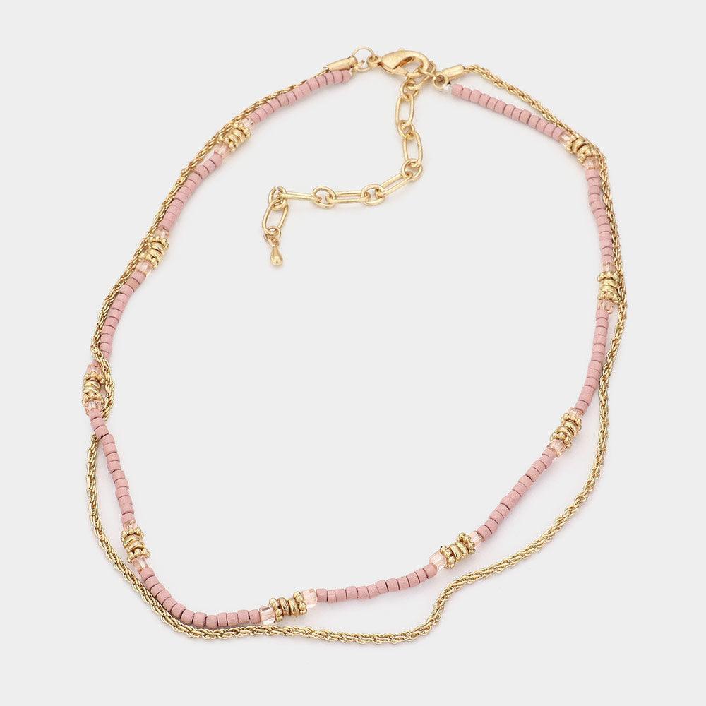 Pink Metal Chain Wood Beaded Double Layered Necklace - Jewelry Store by Erik Rayo