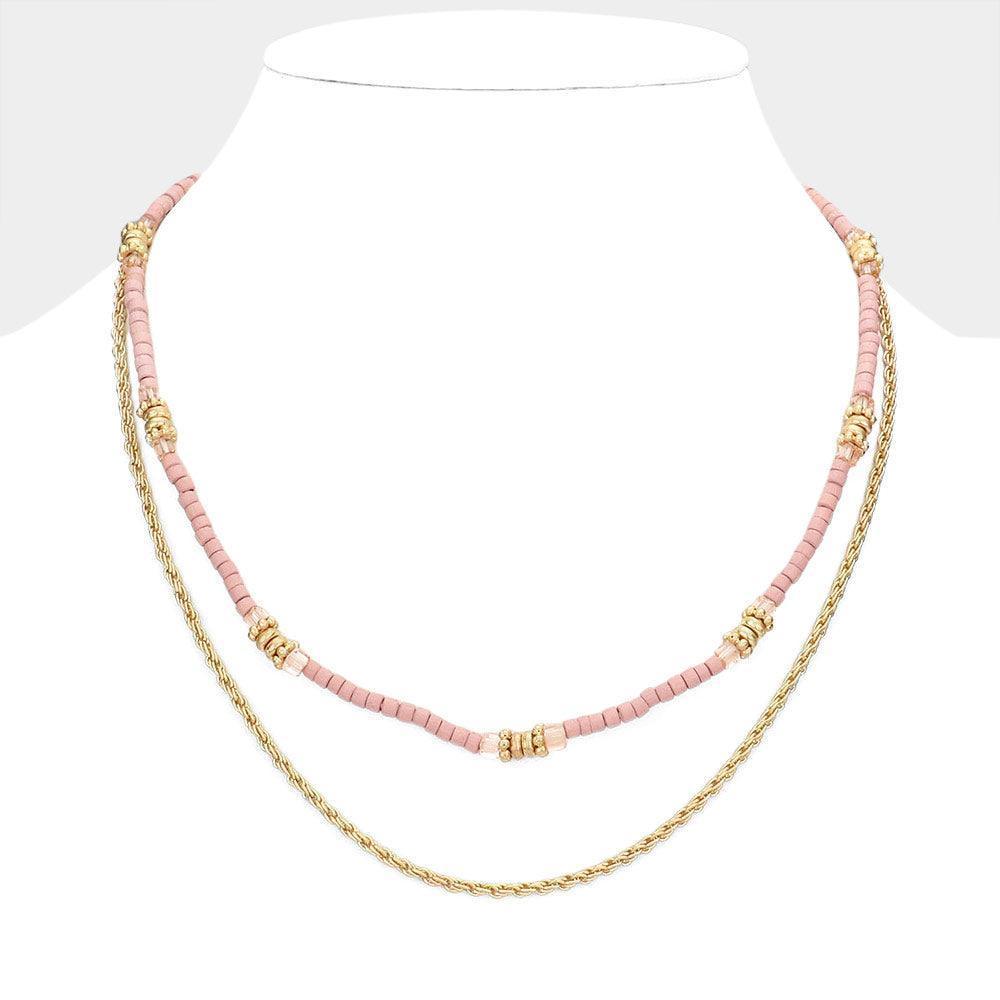 Pink Metal Chain Wood Beaded Double Layered Necklace - Jewelry Store by Erik Rayo