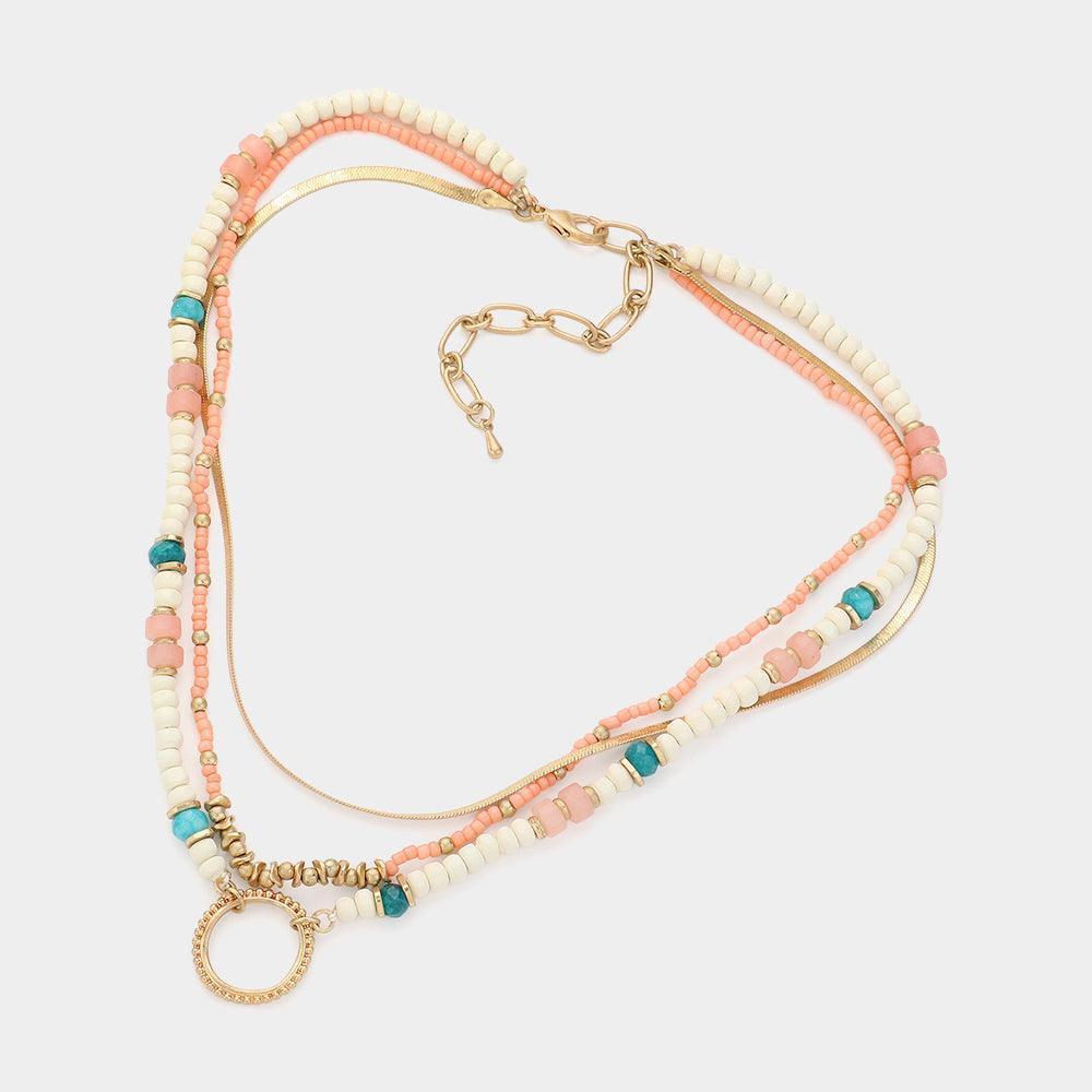 Pink Open Metal Circle Pendant Natural Stone Beaded Triple Layered Necklace - Jewelry Store by Erik Rayo