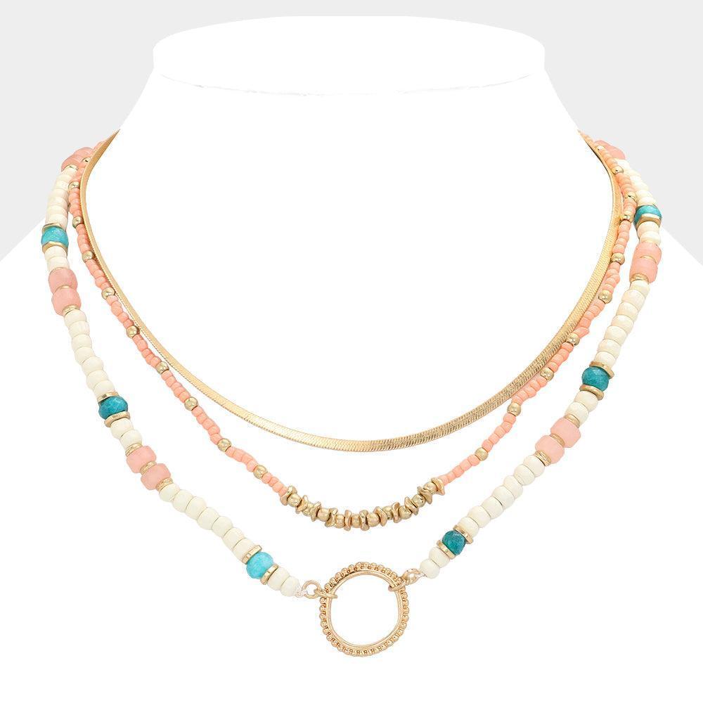 Pink Open Metal Circle Pendant Natural Stone Beaded Triple Layered Necklace - Jewelry Store by Erik Rayo