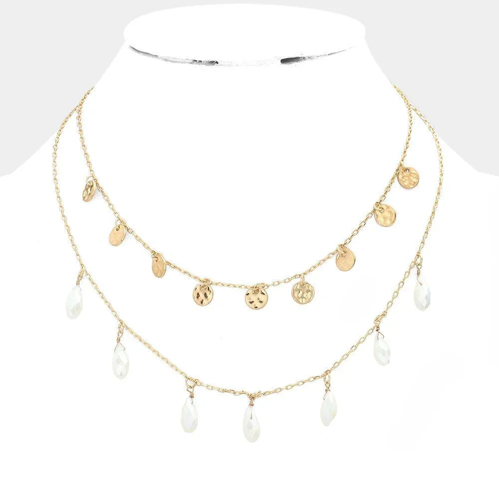 White Metal Disc Teardrop Bead Station Double Layered Necklace - Jewelry Store by Erik Rayo