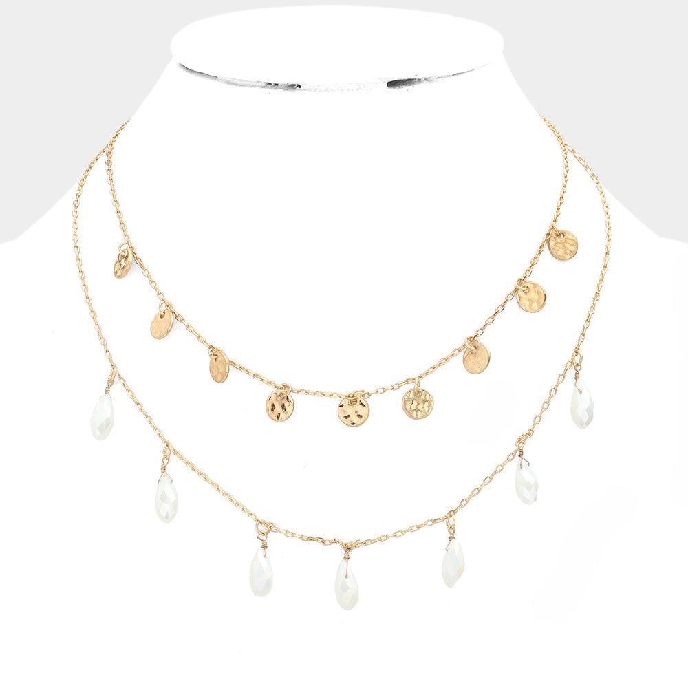 White Metal Disc Teardrop Bead Station Double Layered Necklace