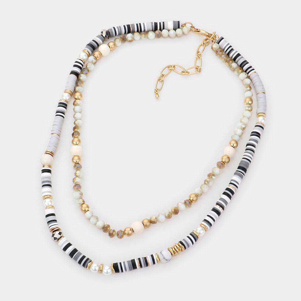 Gray Natural Stone Pearl Wood Pointed Faceted Heishi Beaded Double Layered Necklace - Jewelry Store by Erik Rayo