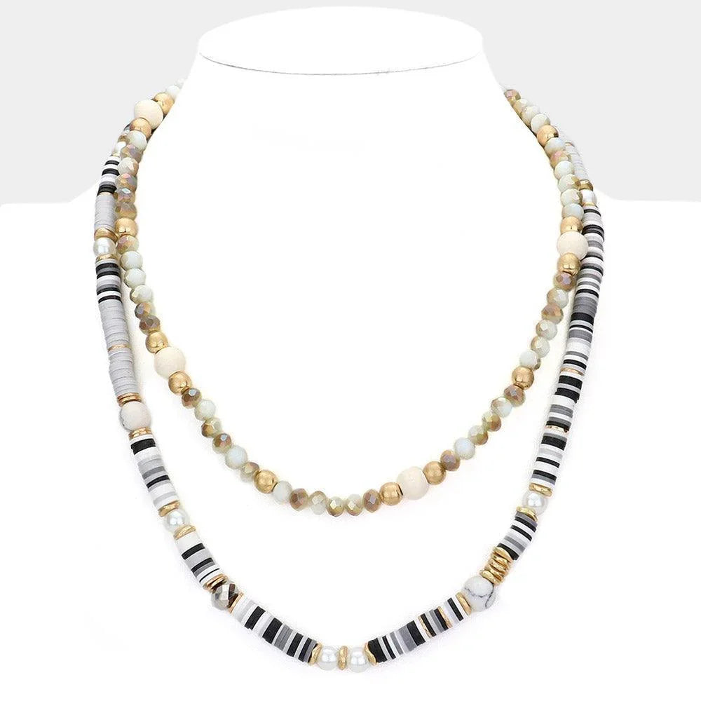 Gray Natural Stone Pearl Wood Pointed Faceted Heishi Beaded Double Layered Necklace - Jewelry Store by Erik Rayo