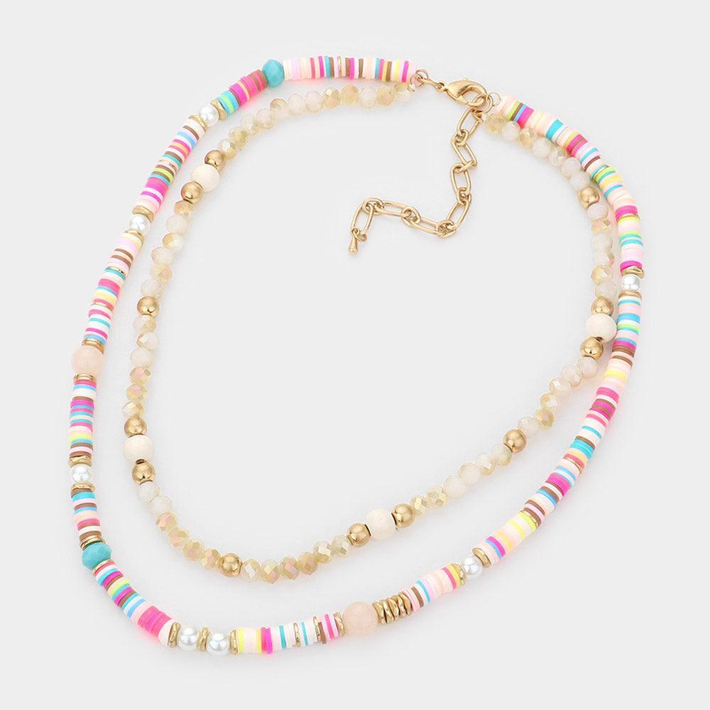 Pink Natural Stone Pearl Wood Pointed Faceted Heishi Beaded Double Layered Necklace - Jewelry Store by Erik Rayo