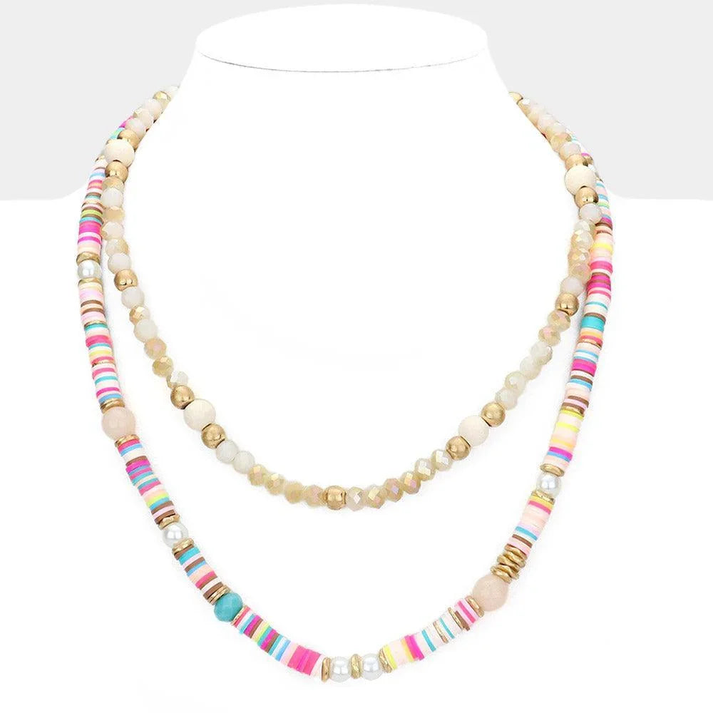 Pink Natural Stone Pearl Wood Pointed Faceted Heishi Beaded Double Layered Necklace - Jewelry Store by Erik Rayo
