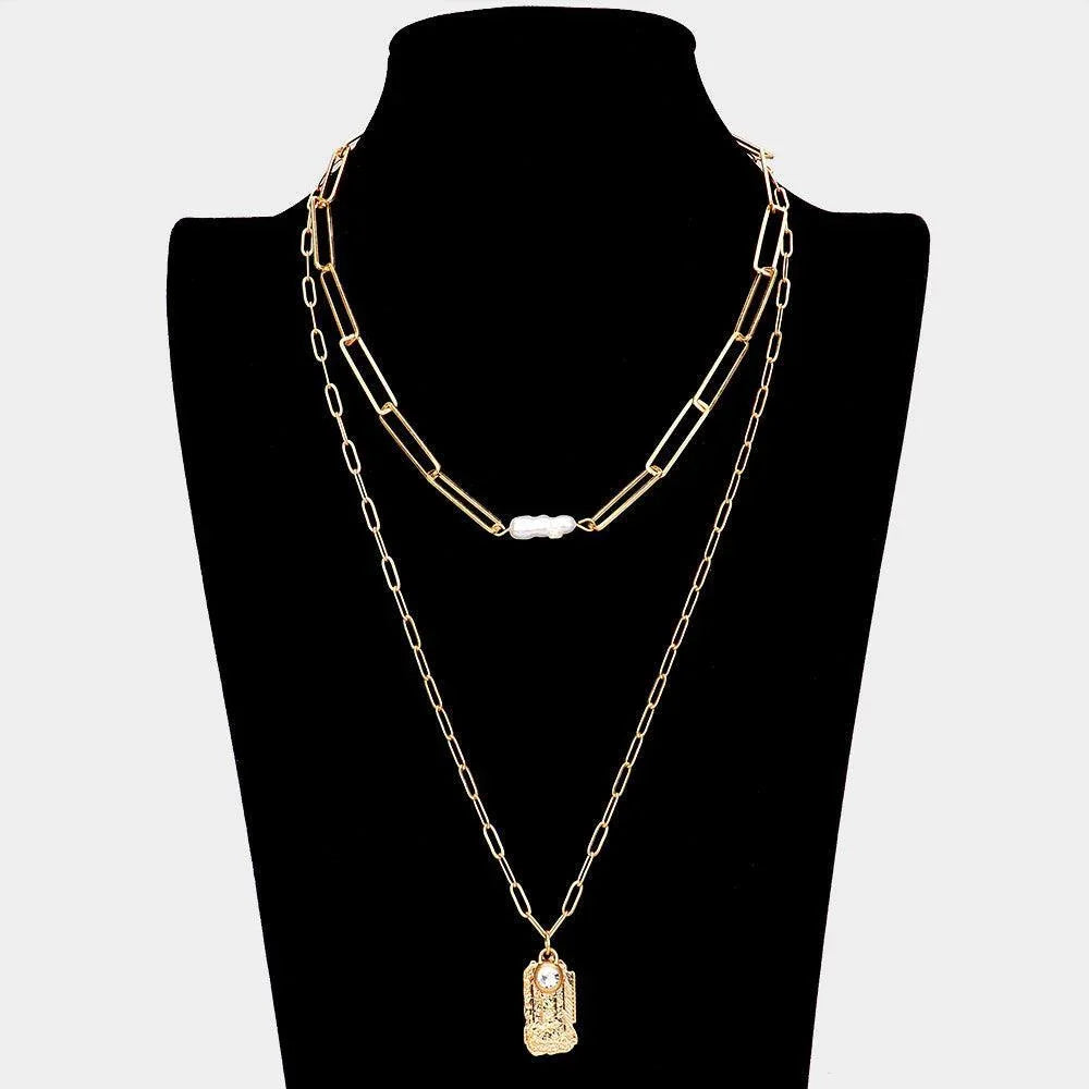 Gold Freshwater Pearl Textured Brass Metal Rectangle Pendant Double Layered Necklace - Jewelry Store by Erik Rayo
