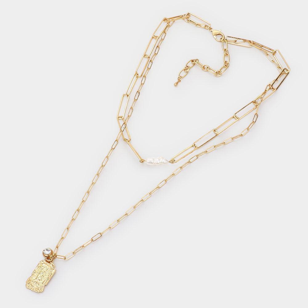 Gold Freshwater Pearl Textured Brass Metal Rectangle Pendant Double Layered Necklace - Jewelry Store by Erik Rayo