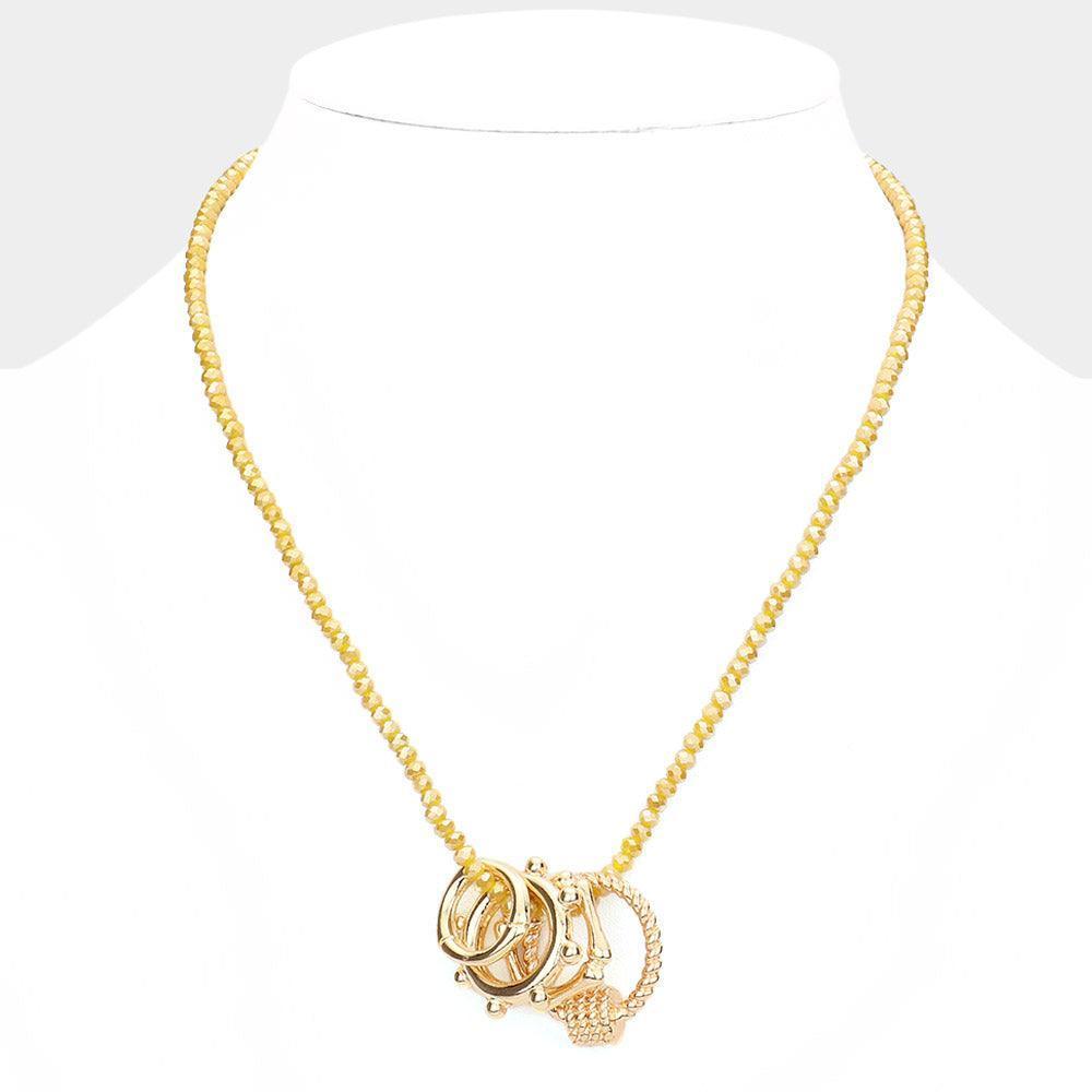 Yellow Geometric Open Metal Pendant Faceted Beaded Necklace - Jewelry Store by Erik Rayo