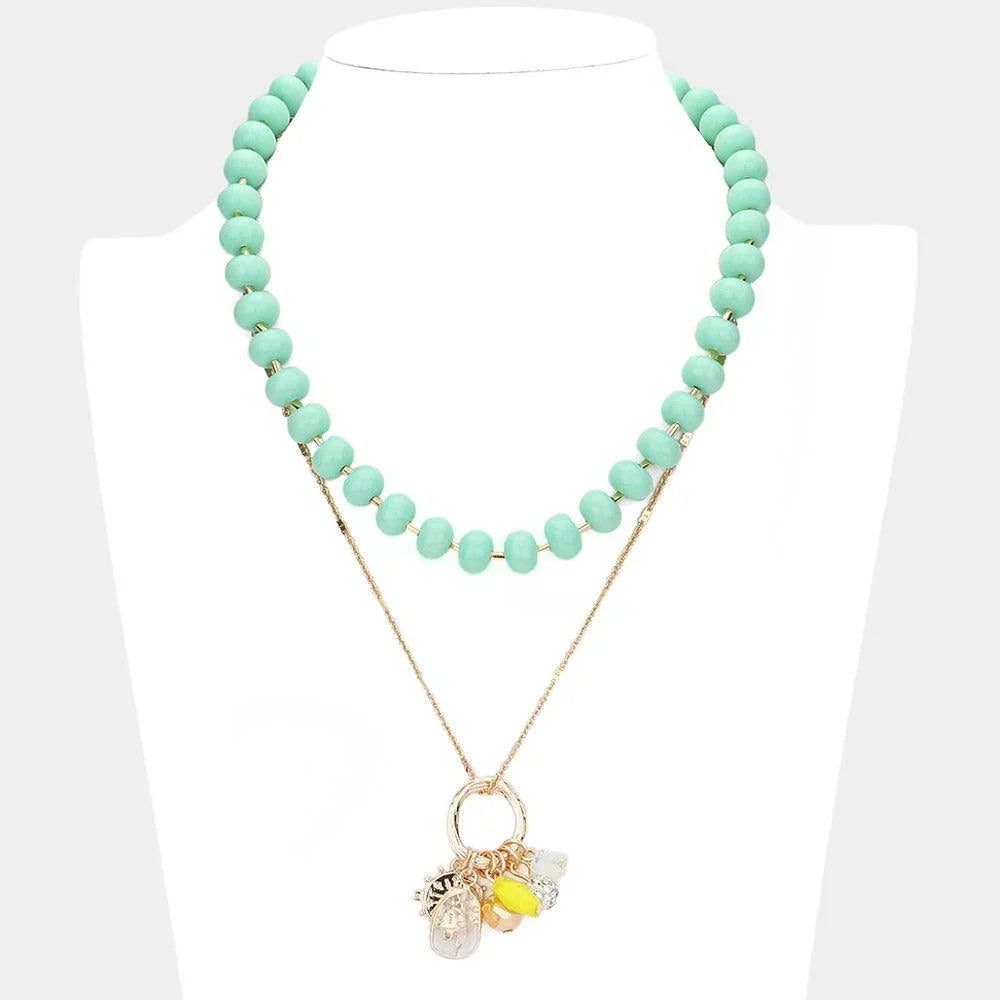 Natural Stone Shamballa Ball Ship Heel Pendant Double Layered Necklace - Jewelry Store by Erik Rayo