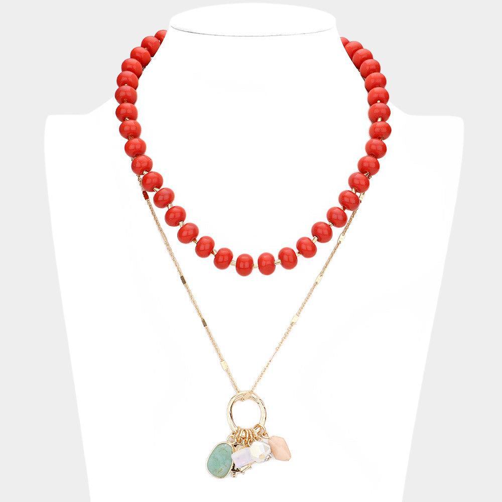 Red Natural Stone Shamballa Ball Ship Heel Pendant Double Layered Necklace
