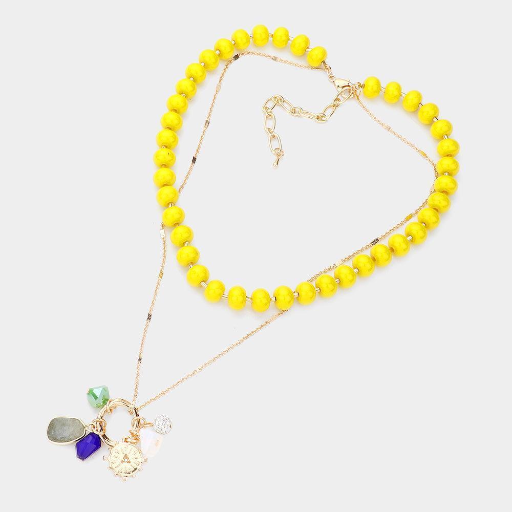 Yellow Natural Stone Shamballa Ball Ship Heel Pendant Double Layered Necklace - Jewelry Store by Erik Rayo