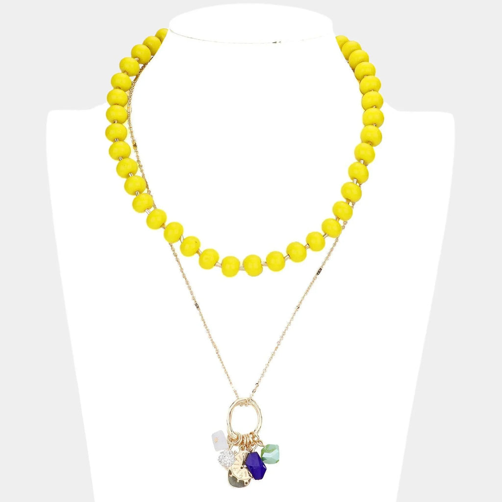 Yellow Natural Stone Shamballa Ball Ship Heel Pendant Double Layered Necklace - Jewelry Store by Erik Rayo