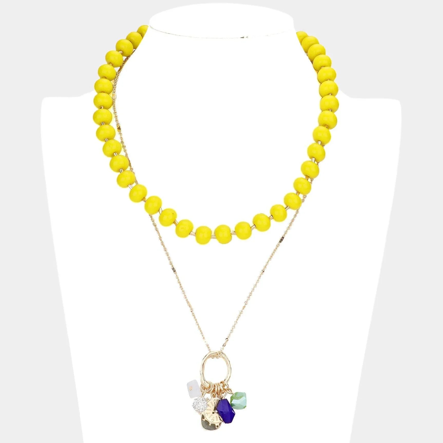 Yellow Natural Stone Shamballa Ball Ship Heel Pendant Double Layered Necklace - Jewelry Store by Erik Rayo