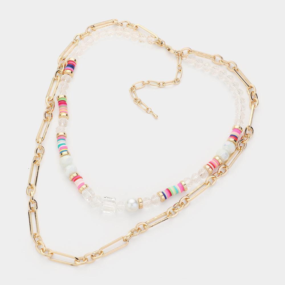Pearl Lucite Heishi Beaded Double Layered Bib Necklace - Jewelry Store by Erik Rayo