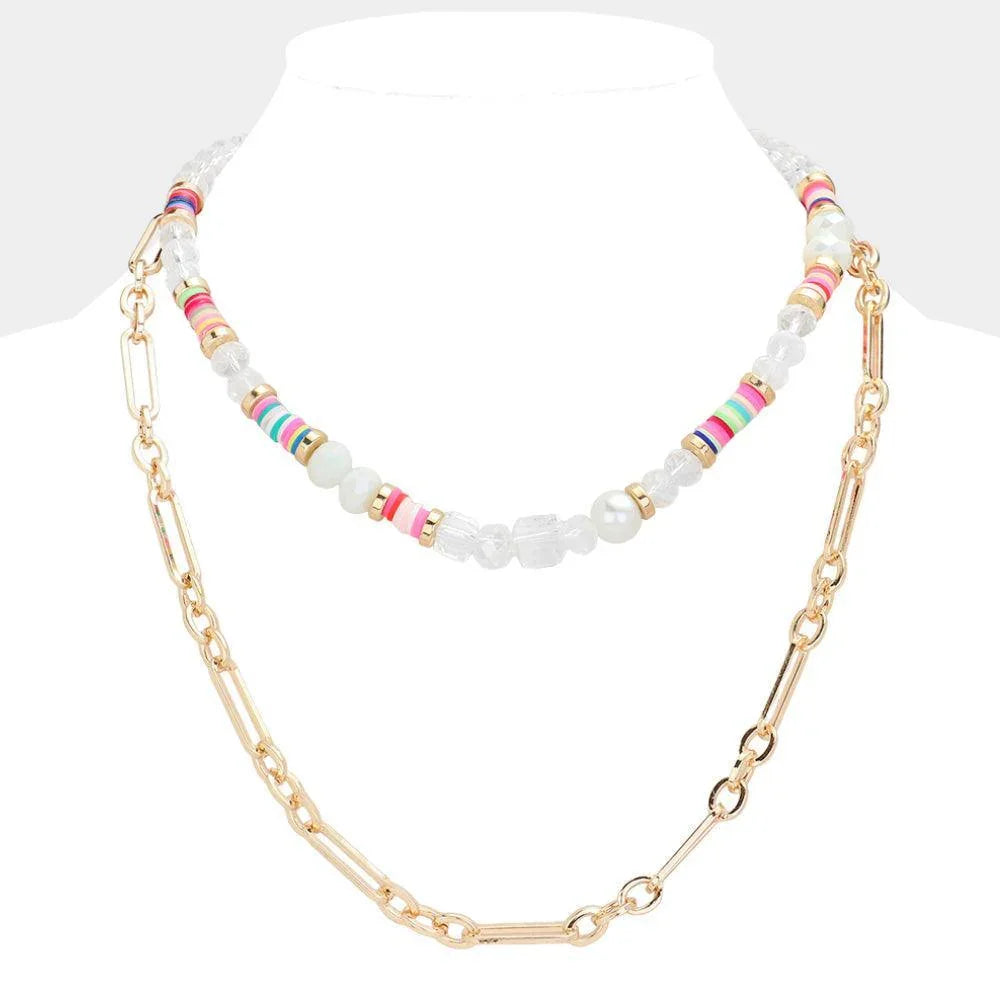 Pearl Lucite Heishi Beaded Double Layered Bib Necklace - Jewelry Store by Erik Rayo