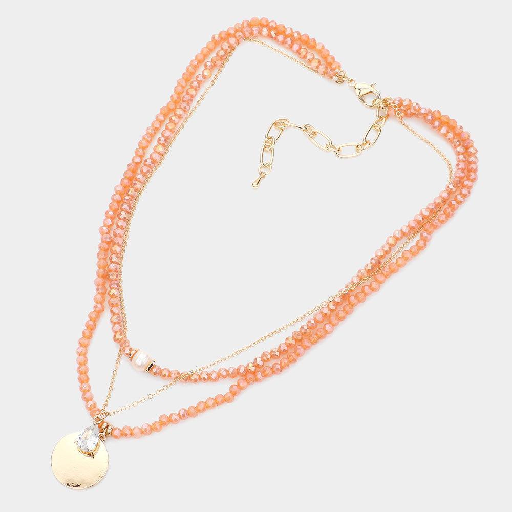 Peach Freshwater Pearl Teardrop Metal Disc Pendant Triple Layered Necklace - Jewelry Store by Erik Rayo