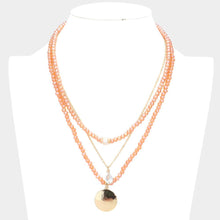 Load image into Gallery viewer, Peach Freshwater Pearl Teardrop Metal Disc Pendant Triple Layered Necklace
