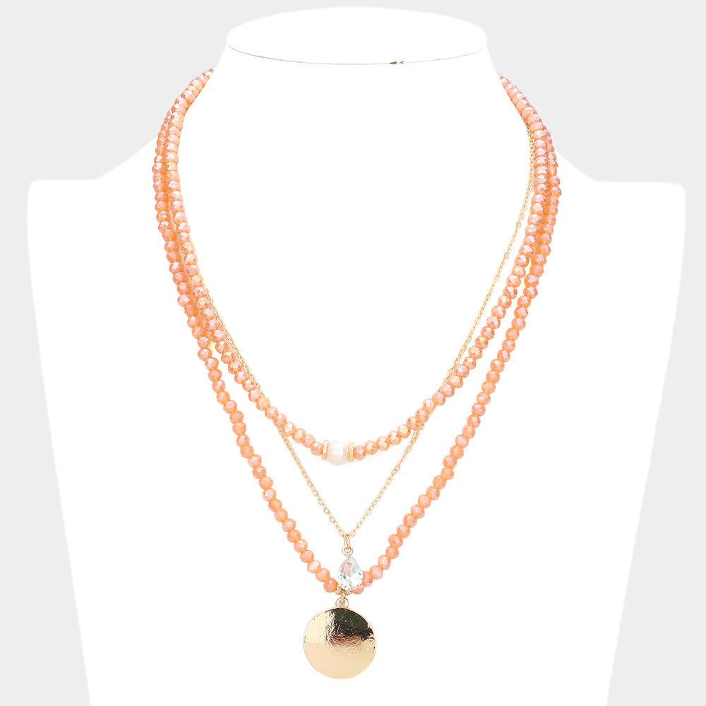 Peach Freshwater Pearl Teardrop Metal Disc Pendant Triple Layered Necklace