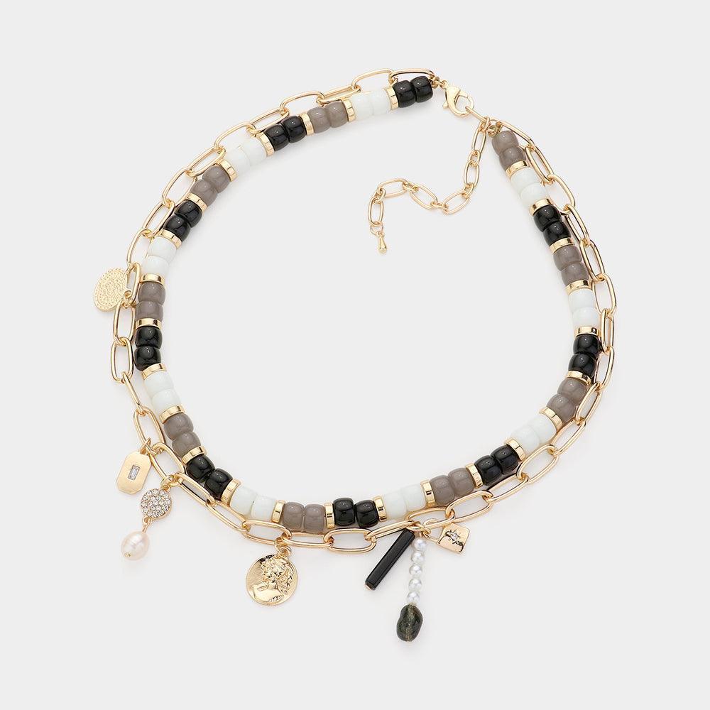 Black Freshwater Pearl Metal Coin Lock Pendant Station Beaded Double Layered Necklace - Jewelry Store by Erik Rayo