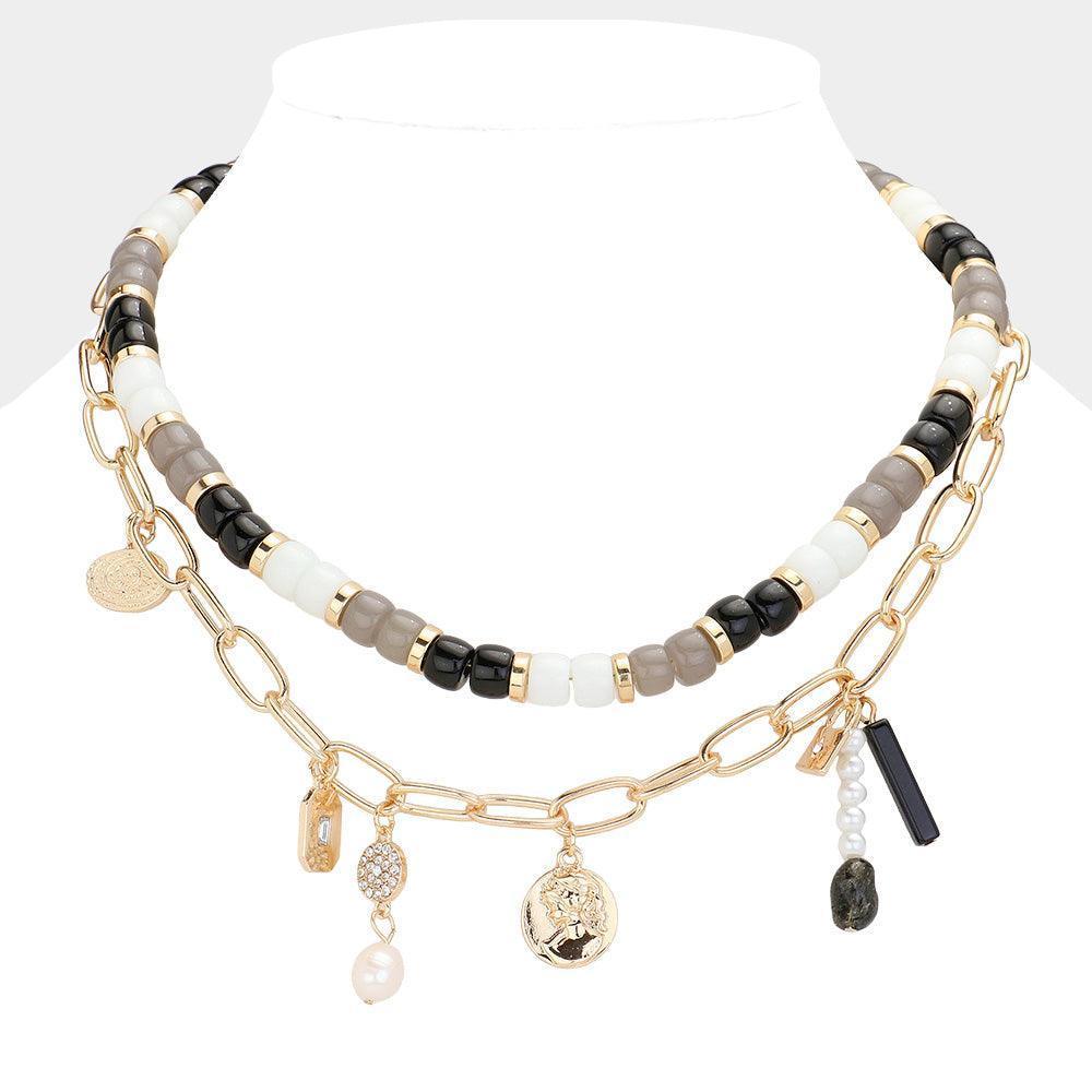 Black Freshwater Pearl Metal Coin Lock Pendant Station Beaded Double Layered Necklace - Jewelry Store by Erik Rayo