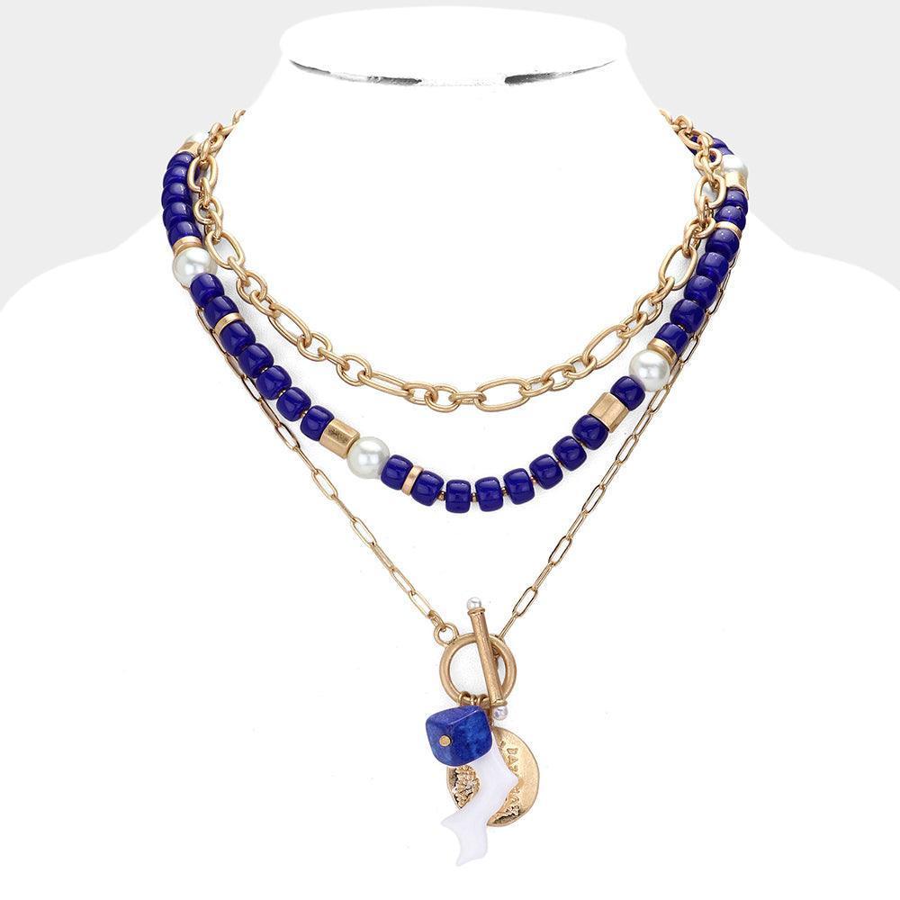 Blue Coral Abstract Resin Metal Coin Pendant Double Layered Necklace - Jewelry Store by Erik Rayo