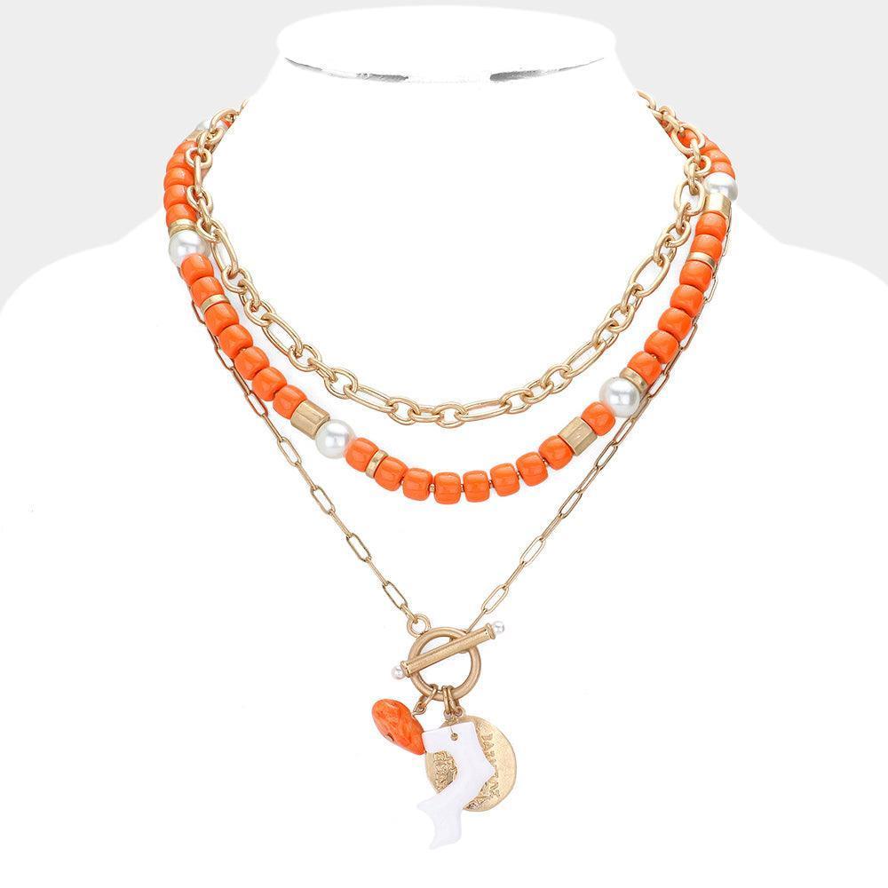 Orange Coral Abstract Resin Metal Coin Pendant Double Layered Necklace - Jewelry Store by Erik Rayo