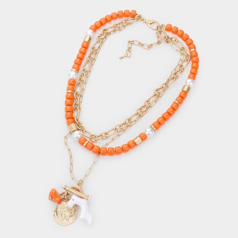 Orange Coral Abstract Resin Metal Coin Pendant Double Layered Necklace - Jewelry Store by Erik Rayo