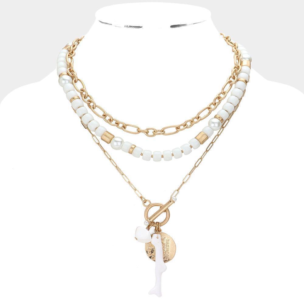 White Coral Abstract Resin Metal Coin Pendant Double Layered Necklace - Jewelry Store by Erik Rayo