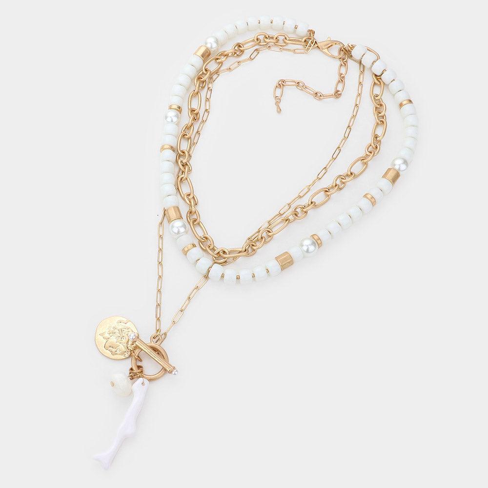 White Coral Abstract Resin Metal Coin Pendant Double Layered Necklace - Jewelry Store by Erik Rayo