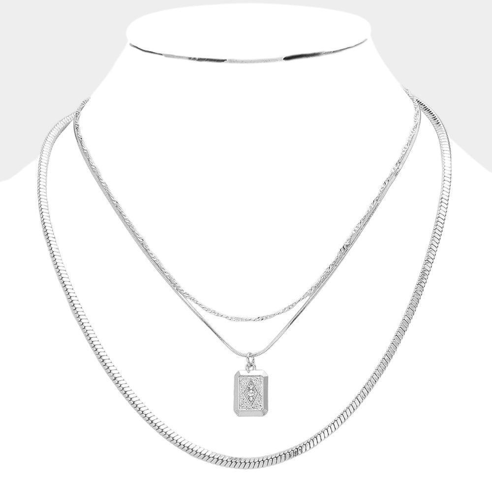 Stone Centered Brass Metal Octagon Pendant Triple Layered Necklace - Jewelry Store by Erik Rayo