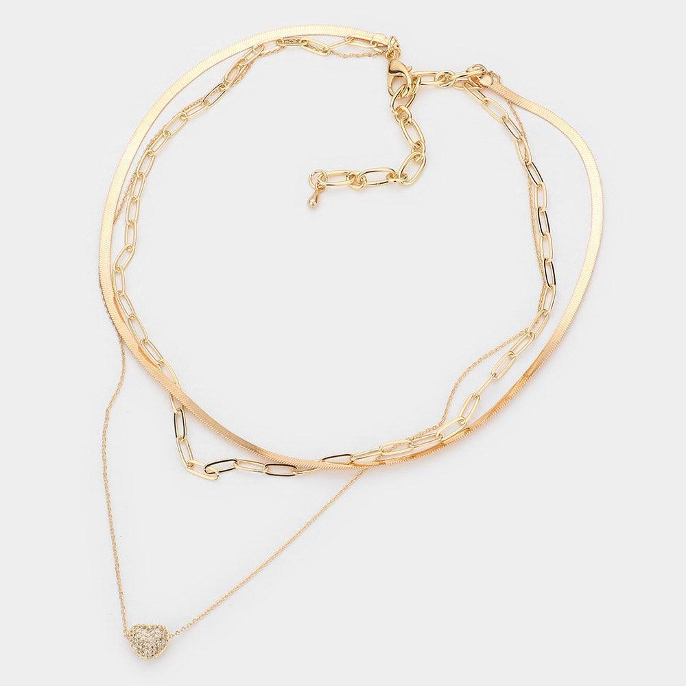 Gold Double Layered Rhinestone Pave Heart Pendant Necklace - Jewelry Store by Erik Rayo