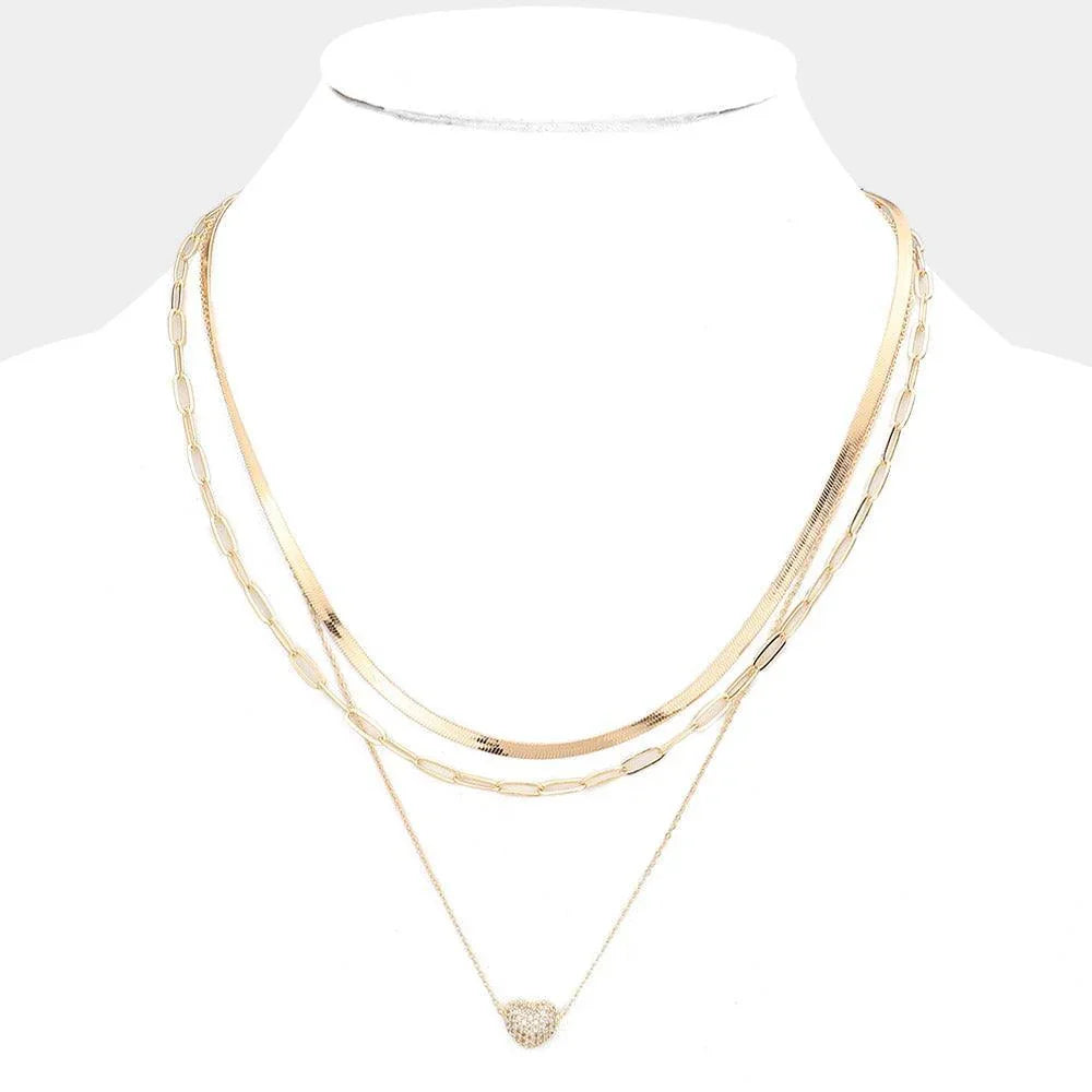 Gold Double Layered Rhinestone Pave Heart Pendant Necklace - Jewelry Store by Erik Rayo
