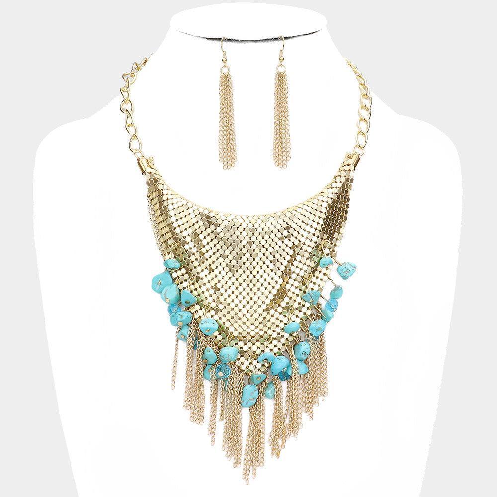 Turquoise Natural Stone Cluster Metal Chain Fringe Necklace - Jewelry Store by Erik Rayo