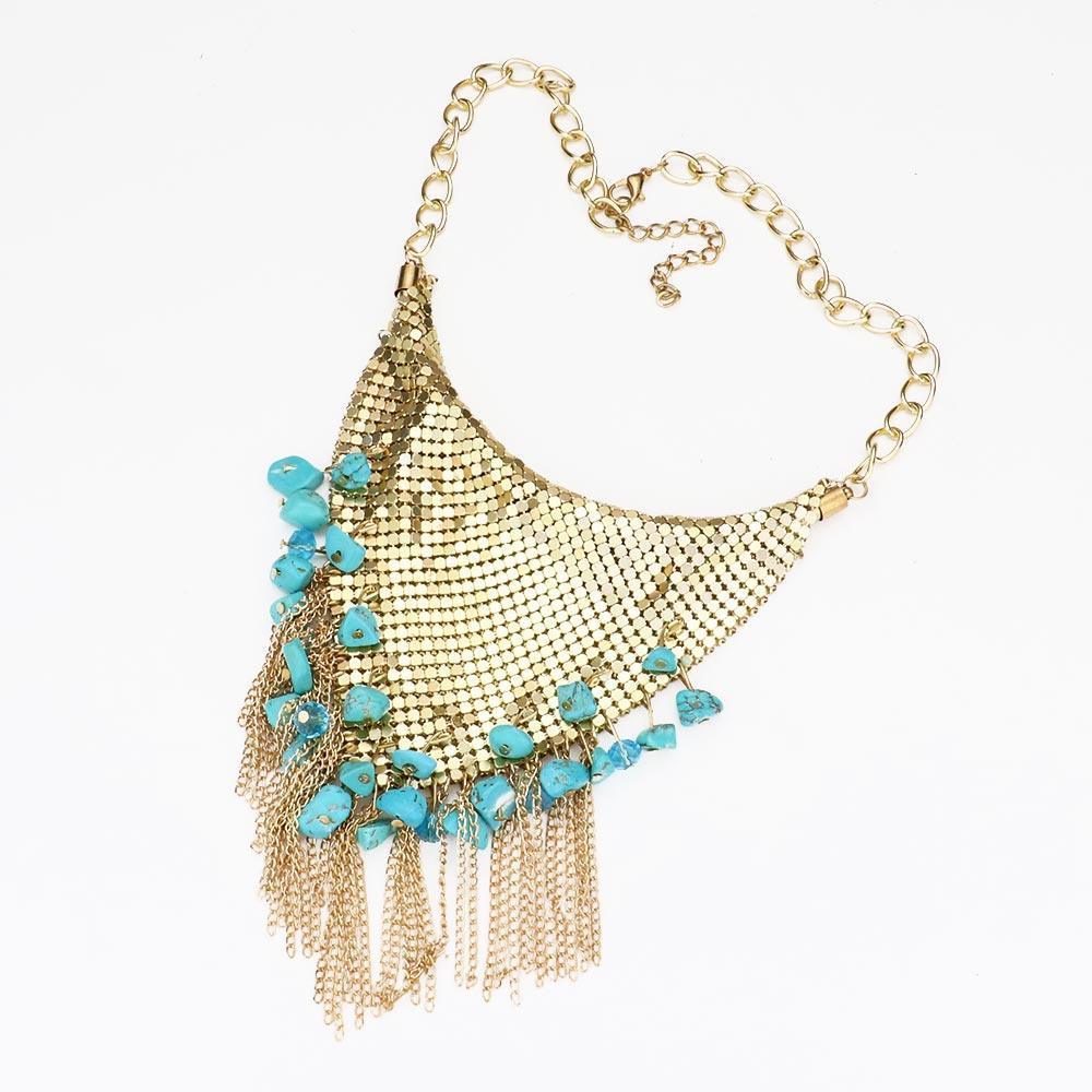 Turquoise Natural Stone Cluster Metal Chain Fringe Necklace - Jewelry Store by Erik Rayo