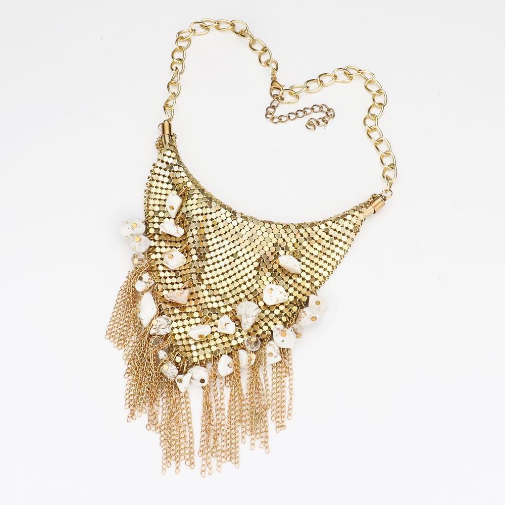 White Natural Stone Cluster Metal Chain Fringe Necklace - Jewelry Store by Erik Rayo