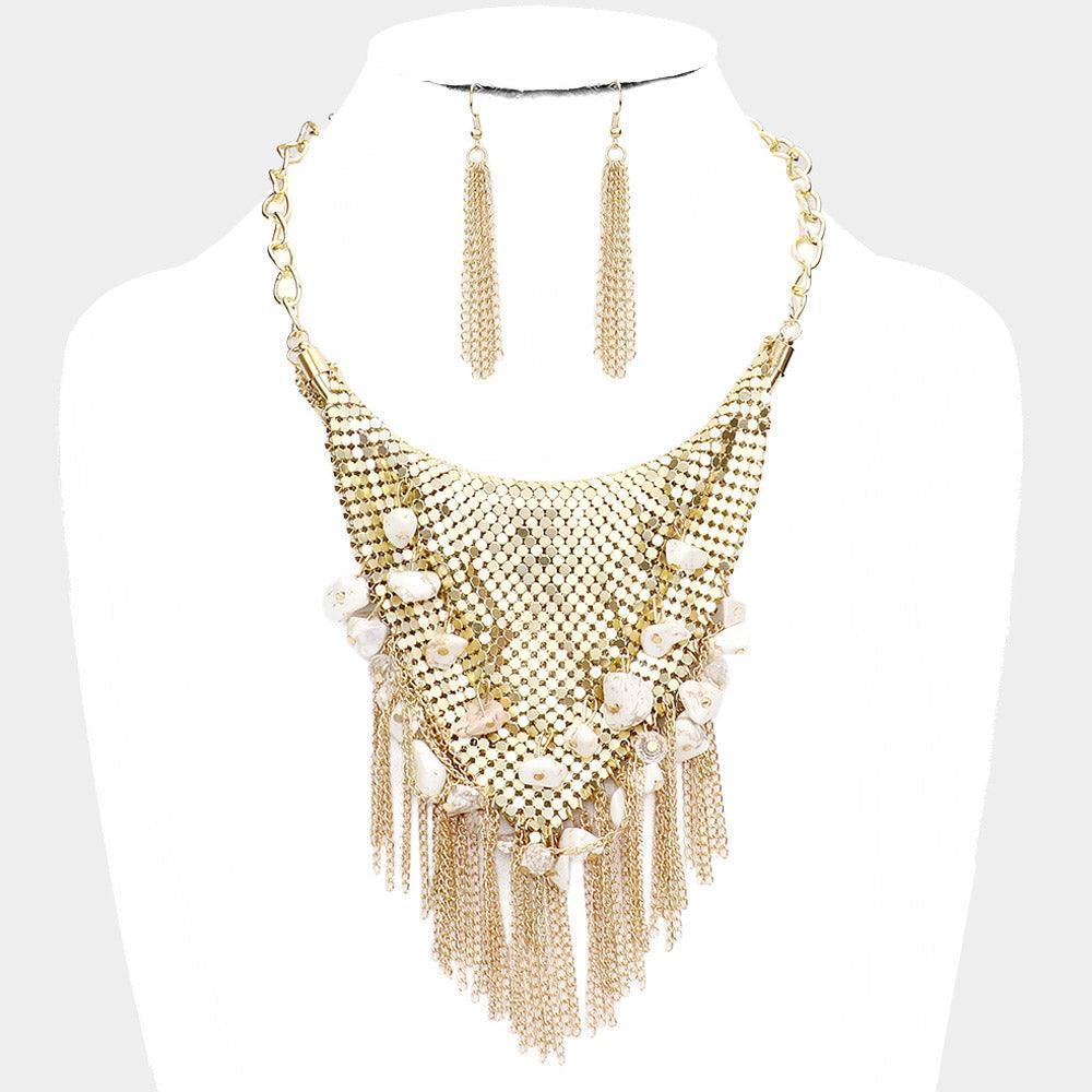 White Natural Stone Cluster Metal Chain Fringe Necklace - Jewelry Store by Erik Rayo
