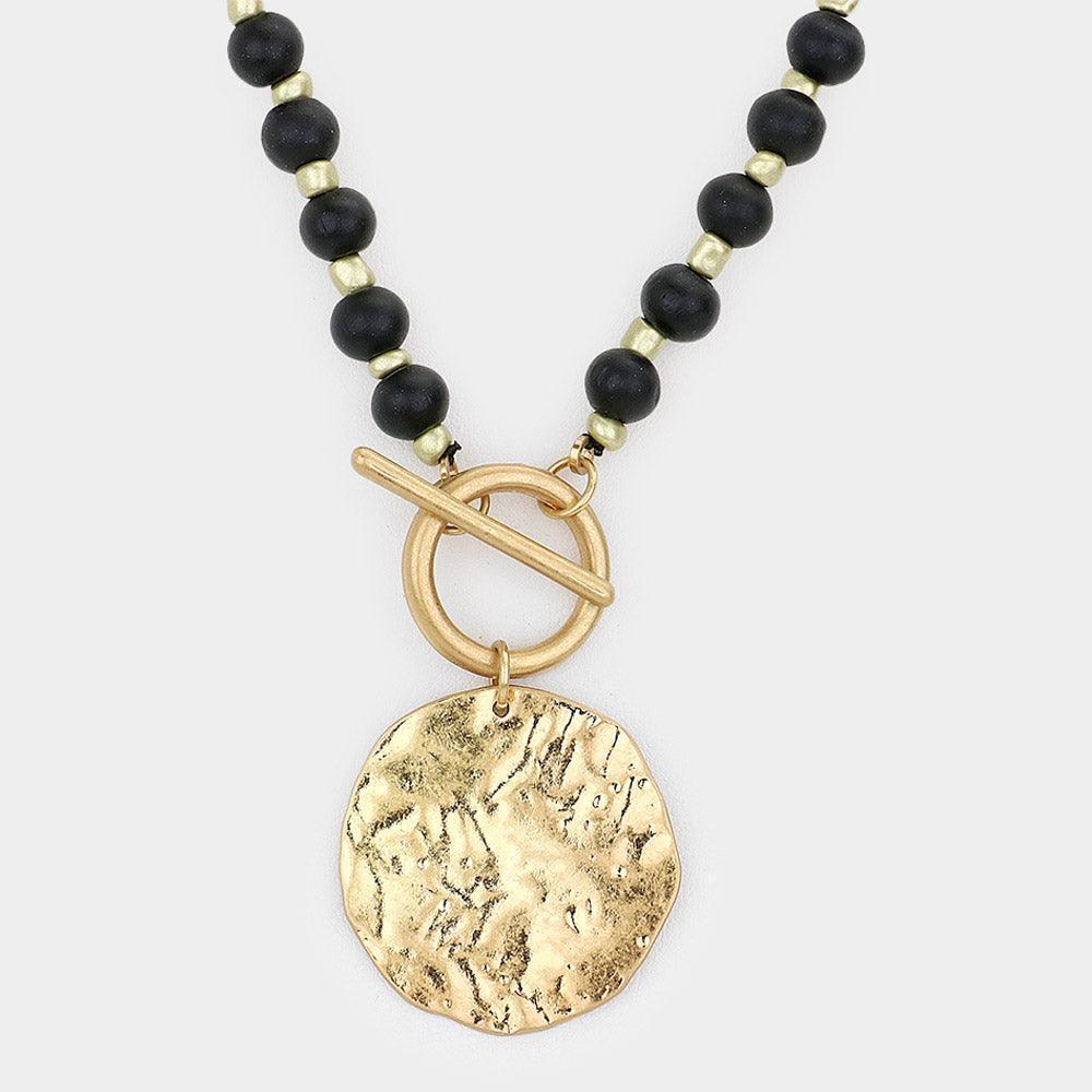Black Wood Beaded Hammered Circle Medal Toggle Necklace - Jewelry Store by Erik Rayo