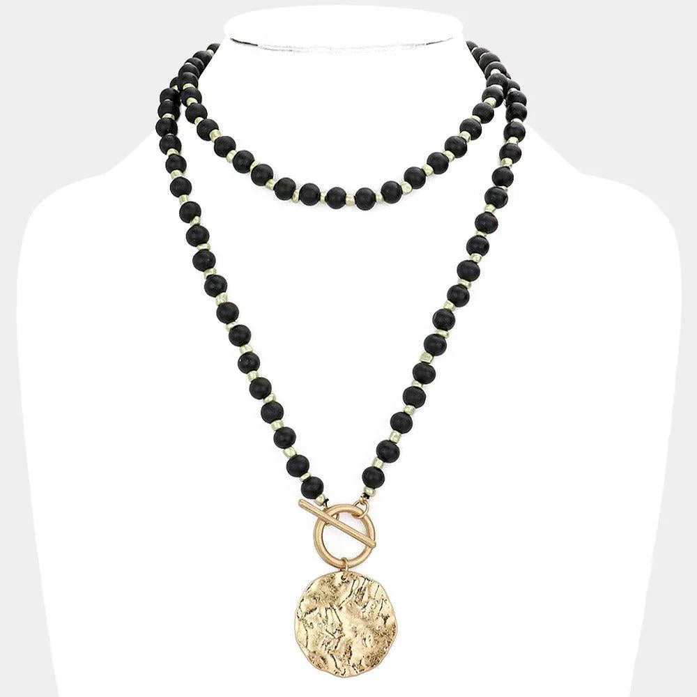Black Wood Beaded Hammered Circle Medal Toggle Necklace - Jewelry Store by Erik Rayo