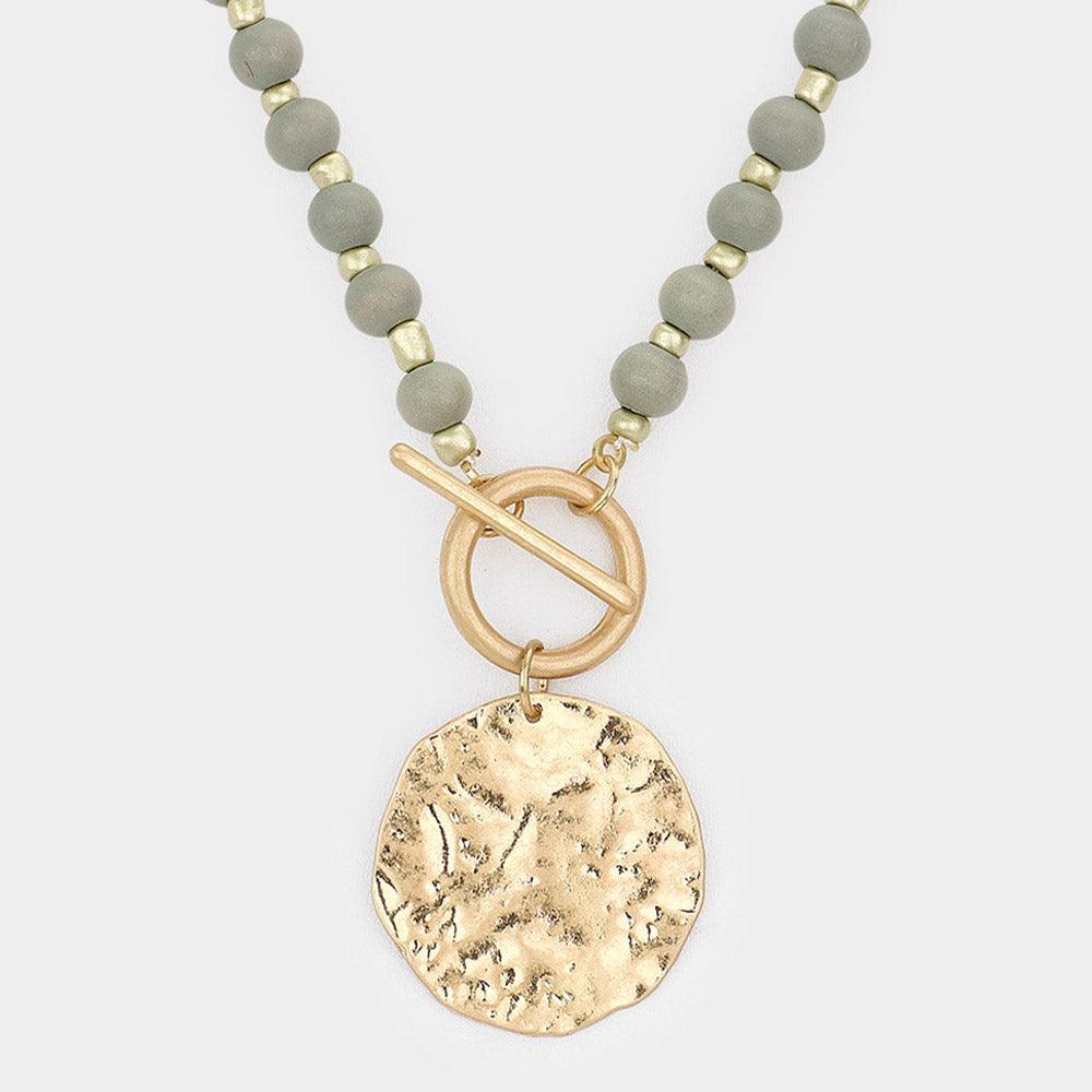 Wood Beaded Hammered Circle Medal Toggle Necklace - Jewelry Store by Erik Rayo