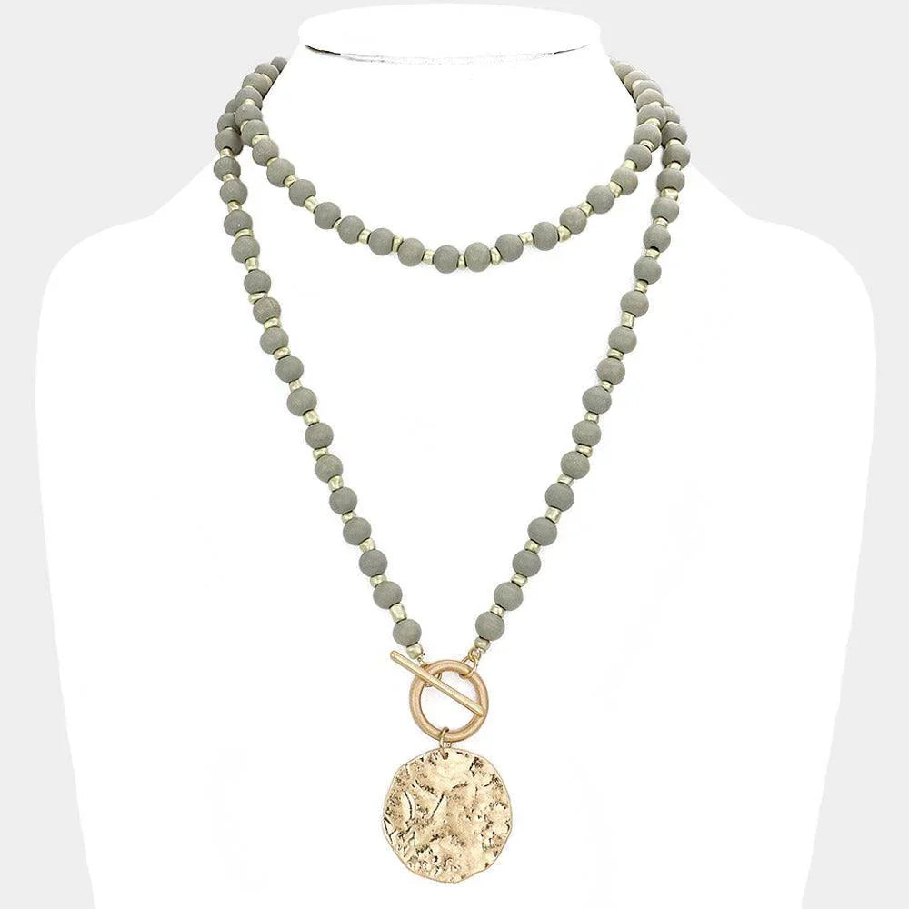 Wood Beaded Hammered Circle Medal Toggle Necklace - Jewelry Store by Erik Rayo