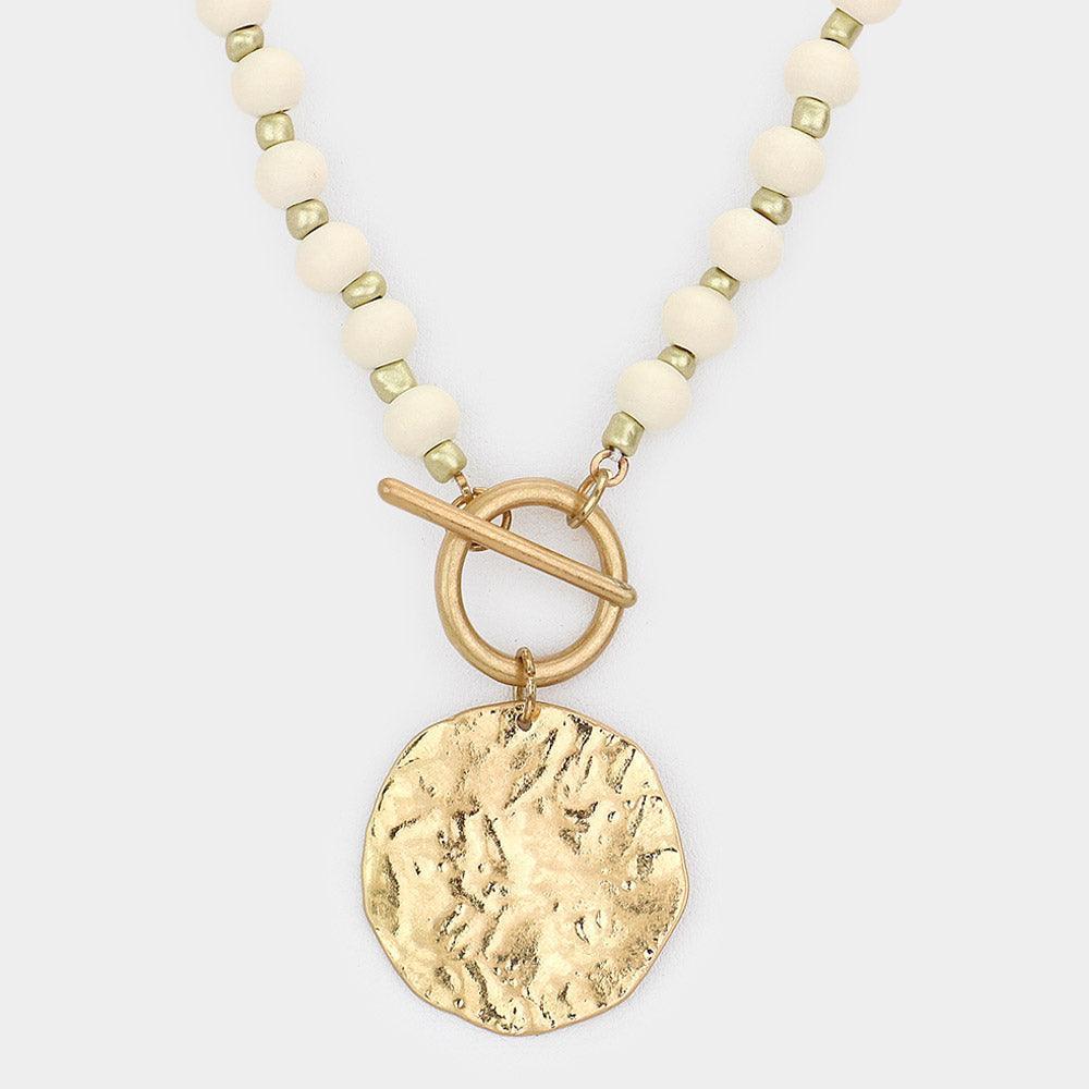 Ivory Wood Beaded Hammered Circle Medal Toggle Necklace - Jewelry Store by Erik Rayo