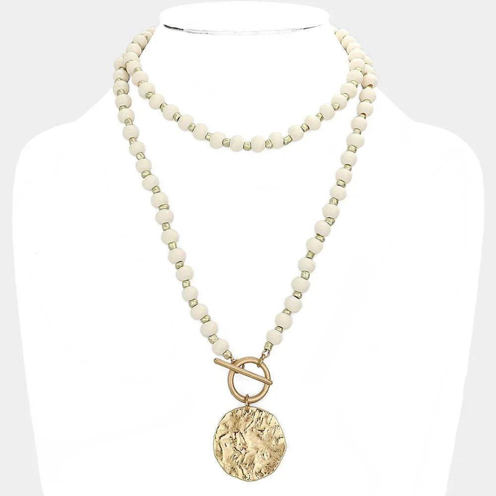 Ivory Wood Beaded Hammered Circle Medal Toggle Necklace - Jewelry Store by Erik Rayo