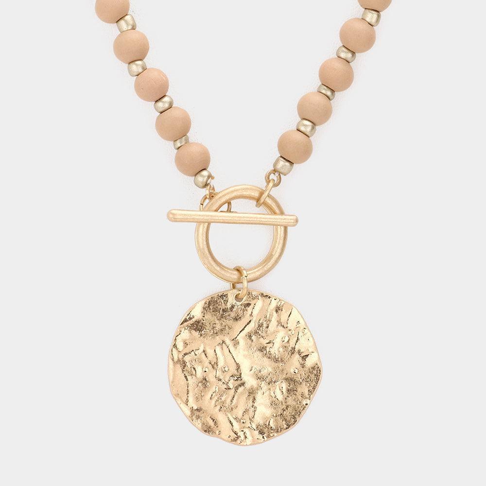 Wood Beaded Hammered Circle Medal Toggle Necklace - Jewelry Store by Erik Rayo