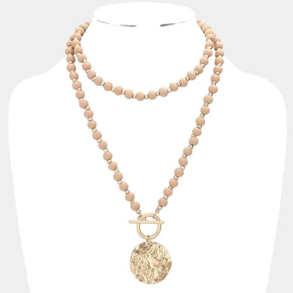 Wood Beaded Hammered Circle Medal Toggle Necklace - Jewelry Store by Erik Rayo