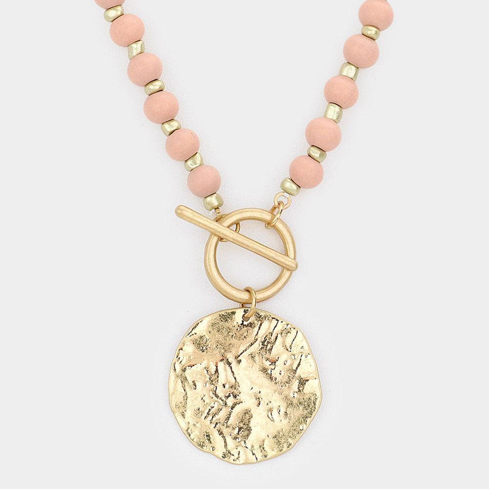 Pink Wood Beaded Hammered Circle Medal Toggle Necklace - Jewelry Store by Erik Rayo