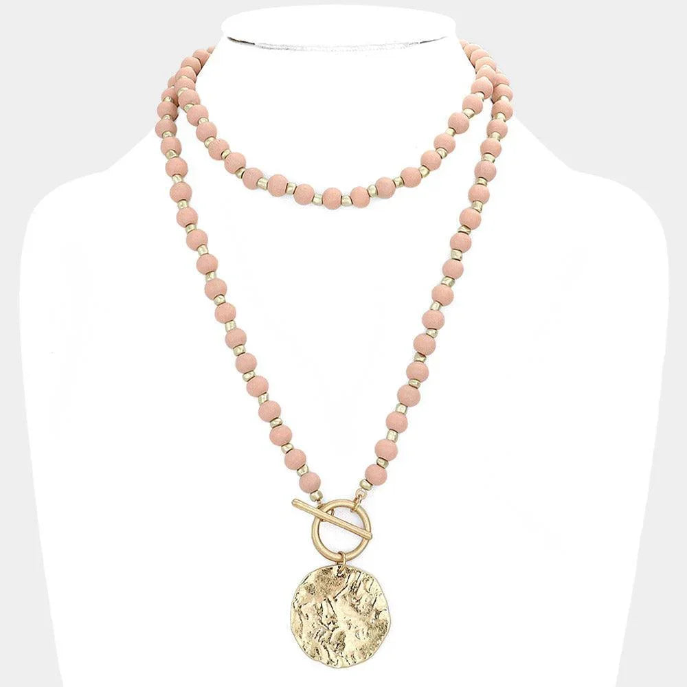 Pink Wood Beaded Hammered Circle Medal Toggle Necklace - Jewelry Store by Erik Rayo